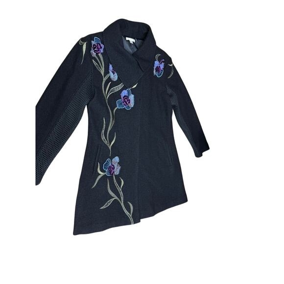 "Carson" 100% Wool Embroidered Floral Black Coat SZ L Netting On Sleeve Dk Fairy - Picture 4 of 16